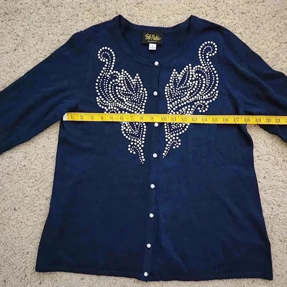Bob Mackie Navy Blue Holiday Cardigan Sweater Pearl Embellished Size Small - Picture 8 of 10